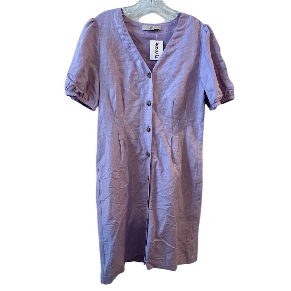 LOFT Women's Size 6 Purple V-Neck Linen Button-Down Knee Length Dress